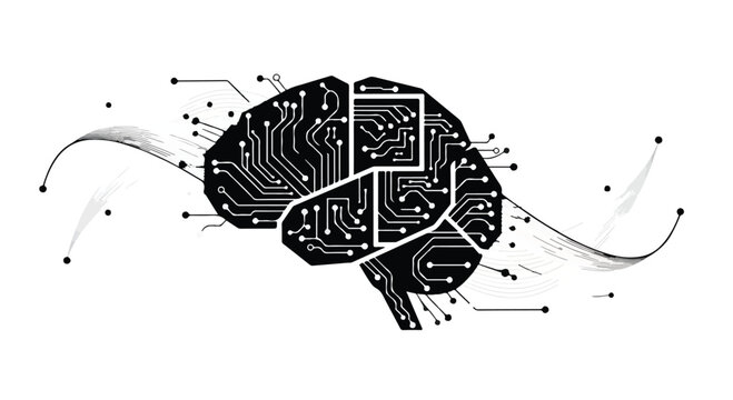 Circuit board brain with neural connections, artificial intelligence concept