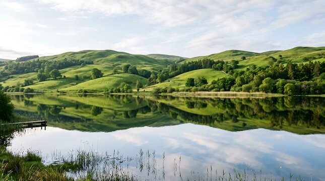 Serene landscape with rolling green hills and calm reflective lake under a partly cloudy sky