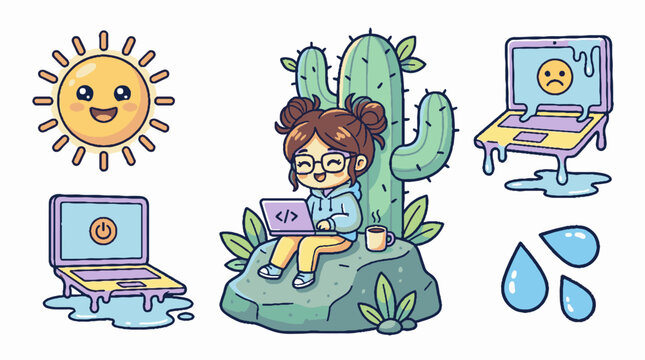 Cute cartoon coder girl working on laptop in desert with melting technology icons.