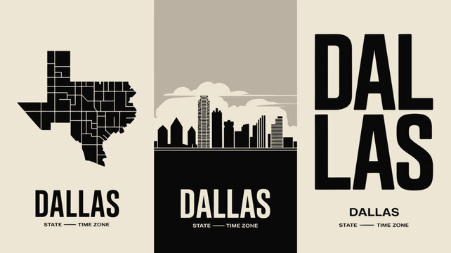 Dallas Cityscape And State Silhouette Posters With Typography A Minimalist Vector Illustration Series texas skyline shape text poster design