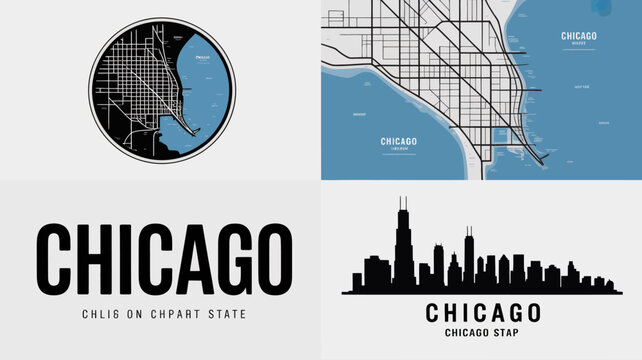 Chicago city map illustrations and skyline silhouette against a light gray background showcasing urban design planning cityscape vector illustration