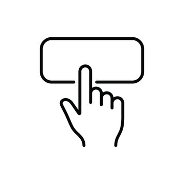 Hand pressing a rectangular button icon representing touch interaction and digital activation
