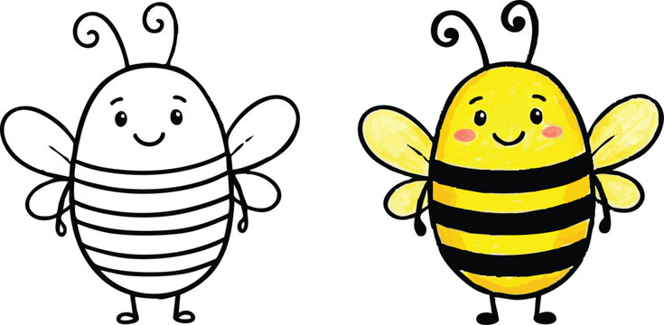Funny cartoon bee character flying happily with cute smile and honey nature theme