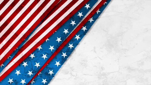 Abstract concept background with layered red white and blue American flag stars and stripes for USA 2026 midterm elections political campaign. Seamless loop. Video animation Ultra HD 4K 3840x2160
