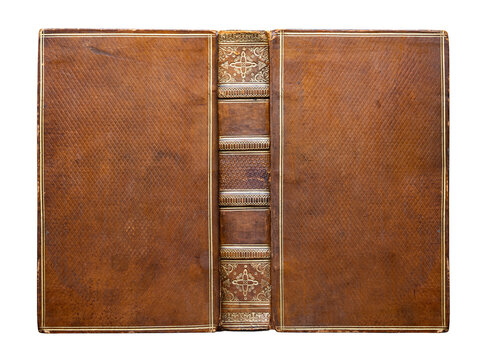 Antique hardcover book with an ornate decorative binding made of cloth and illustrated cardboard, featuring rich gold embossing and vivid colors. Isolated on a white background 
