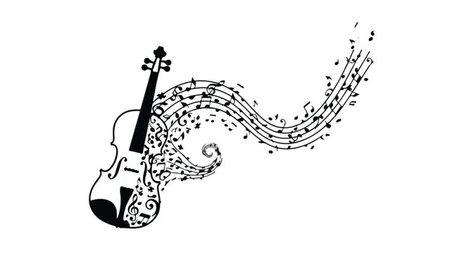 A stylized black and white illustration displays a violin with musical notes swirling dynamically from its body and around it, creating a sense of movement and sound.