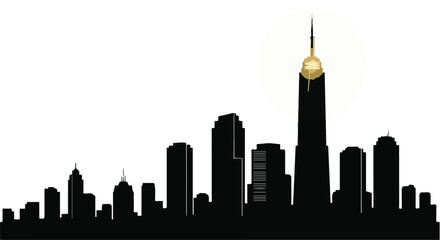 Obraz premium City skyline silhouette features various buildings and a prominent skyscraper with a golden dome, representing urban development and architecture.