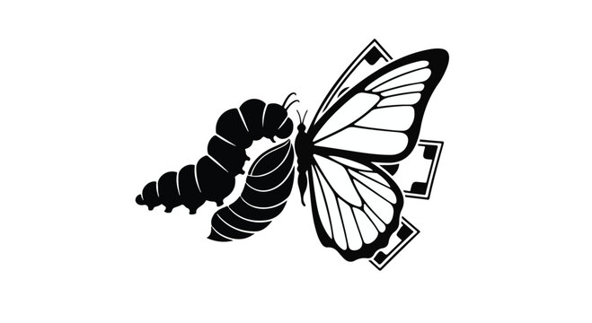 Life cycle of a butterfly is depicted with a caterpillar, cocoon, and butterfly, illustrating transformation and evolution.