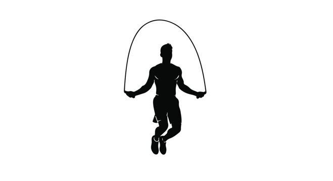 Athlete silhouette jumps rope, demonstrating physical activity and fitness against a white background.