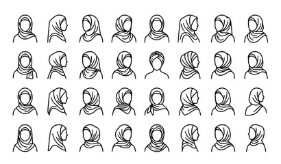 Fototapeta premium Minimalist Muslim Woman Hijab Outline Icons with Diverse Silhouette Styles Vector Set