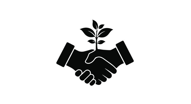 Black and white illustration shows two hands shaking, with a small plant sprouting from their clasped grip, symbolizing growth and partnership.
