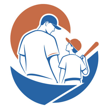 Dynamic line art vector illustration of a father and son with a baseball bat, framed by a circular graphic background. Perfect for Father's Day.