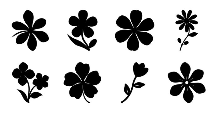Black four-leaf clover icons set with flowers - Minimalist black four-leaf clovers and floral icons arranged neatly for illustrations or branding use.