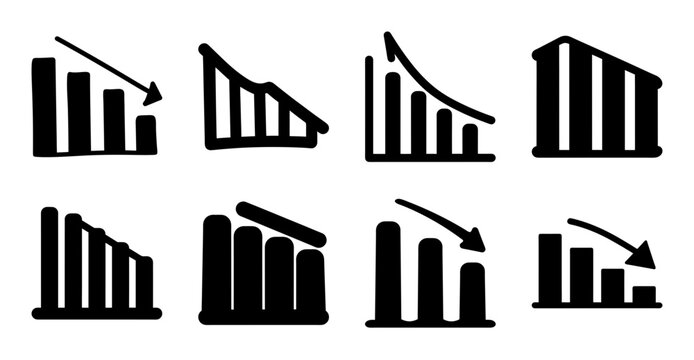 Flat design building growth icons set - Set of eight minimalist black icons showing buildings with increasing or decreasing growth trends.