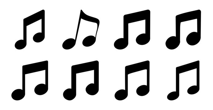 Black musical notes icon set in grid - Clean black music note icons arranged neatly for design or presentation use
