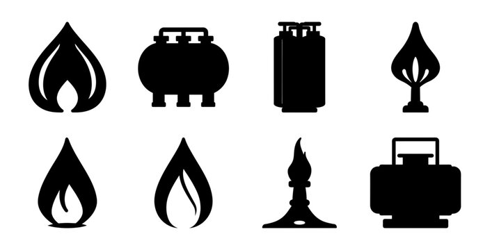 Black fire and industrial icons set - Minimalist black icons depicting fire, flames, containers, and industrial equipment in a clean style.
