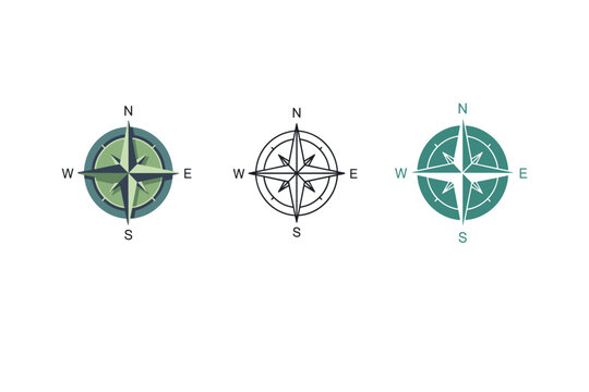 Collection of three compass icons showing cardinal directions and navigation symbols
