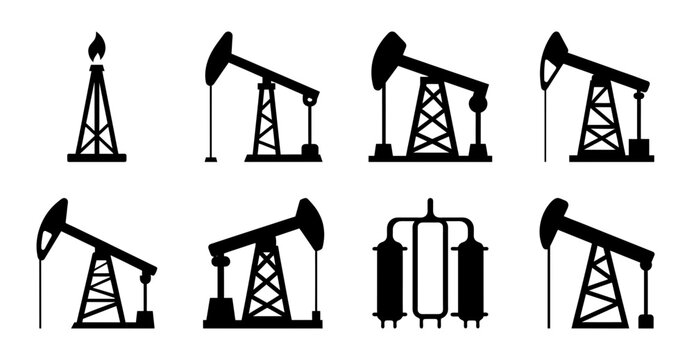 Black oil pump jacks illustration set - Eight black oil pump jacks arranged in a grid, ready for use in energy industry graphics or presentations