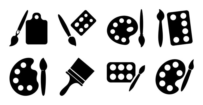 Flat design creative tools and art icons set - A clean set of flat icons showing creative tools like paintbrushes, palettes, scissors, and a shopping bag for artistic and design projects.