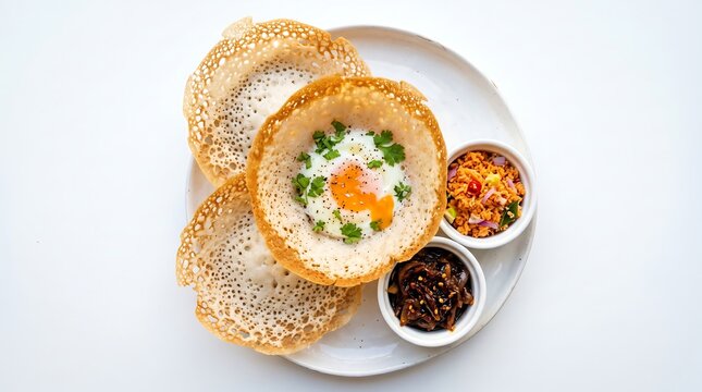 Delicious Sri Lankan egg hoppers with sambal and chutney on a plate