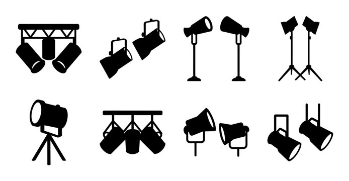 Black stage lighting equipment set icons - Minimalist black icons of various stage lighting tools and equipment arranged neatly.