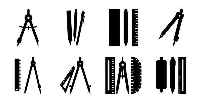Black and white set of drafting tools and gears - Minimalist vector illustration of classic drafting tools, compasses, protractor, and mechanical gears in black and white.