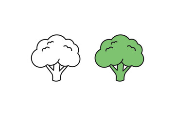 Obraz premium Simple line art and colored icons of broccoli florets on a white background