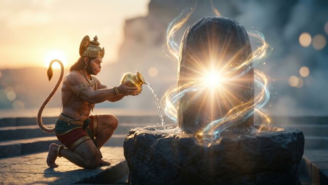 Hanuman Ji Worshipping Mahadev with Sacred Water Offering