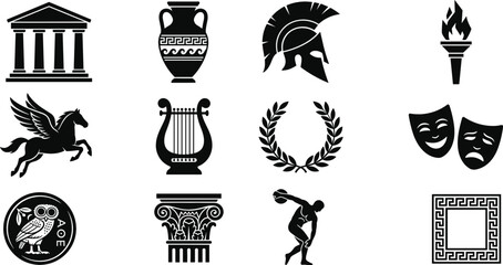 Fototapeta premium Ancient Greece culture history and mythology black silhouette icon set isolated on white background for antique greek decoration vectors