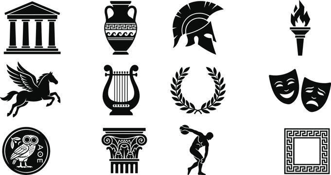 Ancient Greece culture history and mythology black silhouette icon set isolated on white background for antique greek decoration vectors