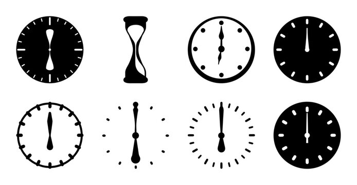 Various clock icons with different styles - Minimalist collection of analog clock designs in black and white, featuring diverse styles for digital use.