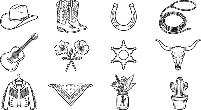 Western cowboy and country lifestyle line icon set isolated on white background for rodeo wild west retro decoration vectors