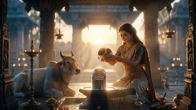 Divine Parvati Performing Shivling Abhishekam &ndash; Holy Shiva Devotion
