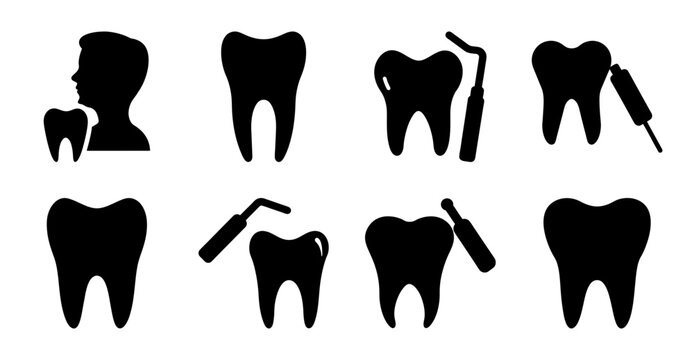 Dental care icons showing tooth problems and treatments
