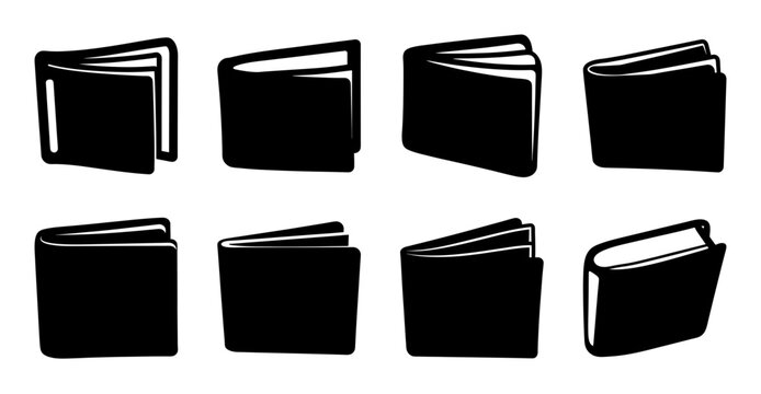 Black notebooks and books flat illustration - Eight black notebooks and books arranged in a flat vector style for creative or educational use.