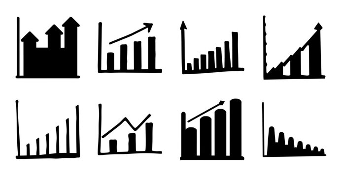 Black upward growth trend charts collection - Eight stylish black vector icons showing different upward growth trends and business progress charts.