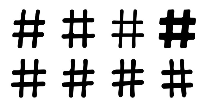Four black hash symbol icons in grid pattern - Minimalist set of four black hash symbols arranged neatly in a two-by-two grid for design or digital use