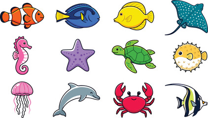 Naklejka premium Cute sea animals cartoon character set isolated on white background for kids education baby shower and marine wildlife vectors