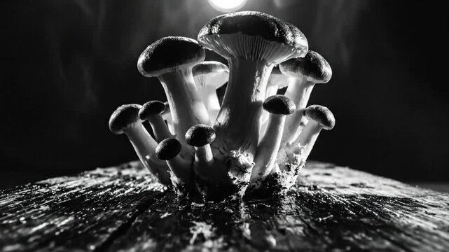 Black and white close up of a cluster of mushrooms growing on a dark, textured surface with smoky background lighting