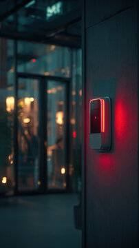 Stunning photo of Glowing red electronic access control card reader mounted on a wall at night