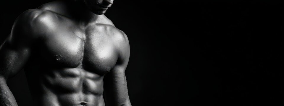 Strong male physique with defined abdominal muscles six pack muscular bodybuilder strength athletic training physique lighting monochrome dramatic portrait masculine pectoral contrast