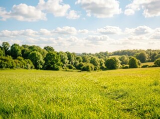 Fototapeta premium Lush green meadow landscape with rolling hills and fluffy clouds on a sunny day