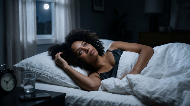 Woman lies awake in bed next to a bedside table with a glass of water and an analog clock at night.