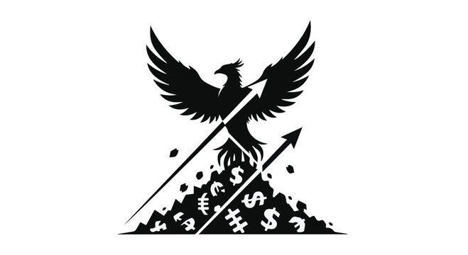 Bird standing on money pile with broken arrow