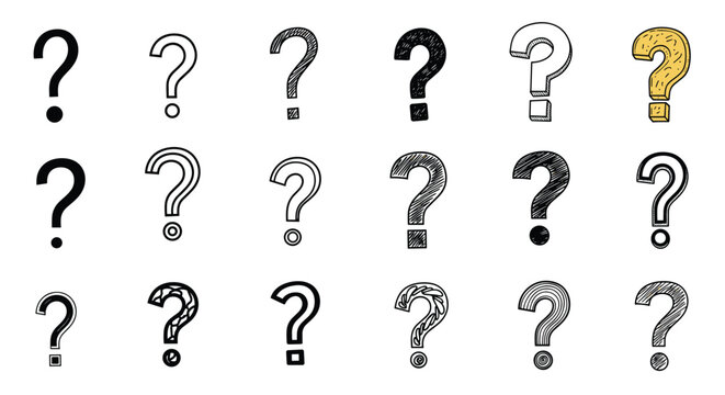 Grid of various question mark symbols in different artistic styles ranging from sketchy to bold for curiosity and inquiry themes.