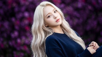 Naklejka premium A young Asian woman with long blonde wavy hair and a blue sweater leans back against a backdrop of purple flowers. The image conveys a serene, dreamy elegance.