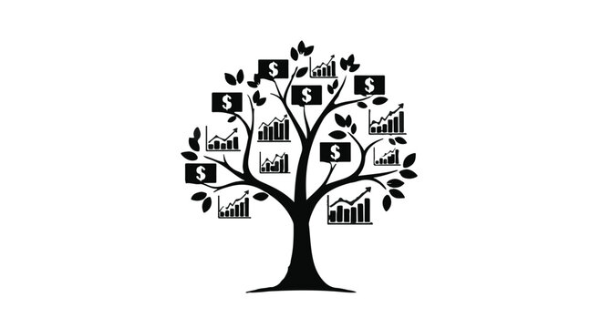 Tree with growing business charts and graphs