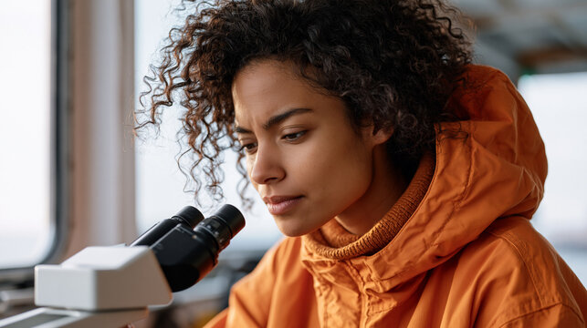 Young female marine biologist in a research vessel laboratory mounting coral specimens on rice paper texture slides under a microscope with measured concentration conveying field