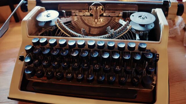 Close up of a classic mechanical typewriter with Cyrillic alphabet keys
