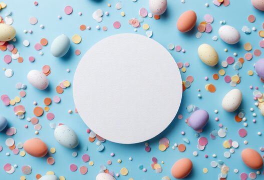 Colorful easter eggs and confetti surrounding white circle frame on blue paper with confetti background celebration colorful template decorative traditional greeting ornament arrangement